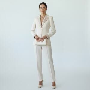 Vtg Albert Nipon Ivory Pantsuit | Satin Peak Lapel Formal Evening Bridal Size 8